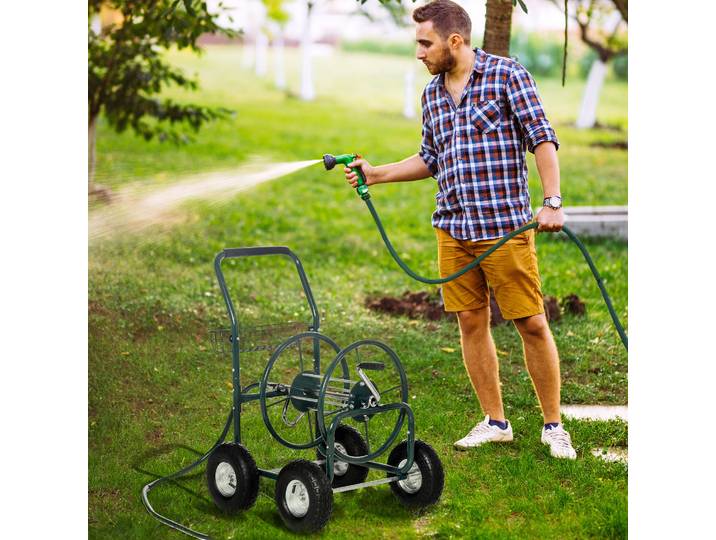 Outsunny Dévidoir Tuyau 70m Métal avec Panier Vert