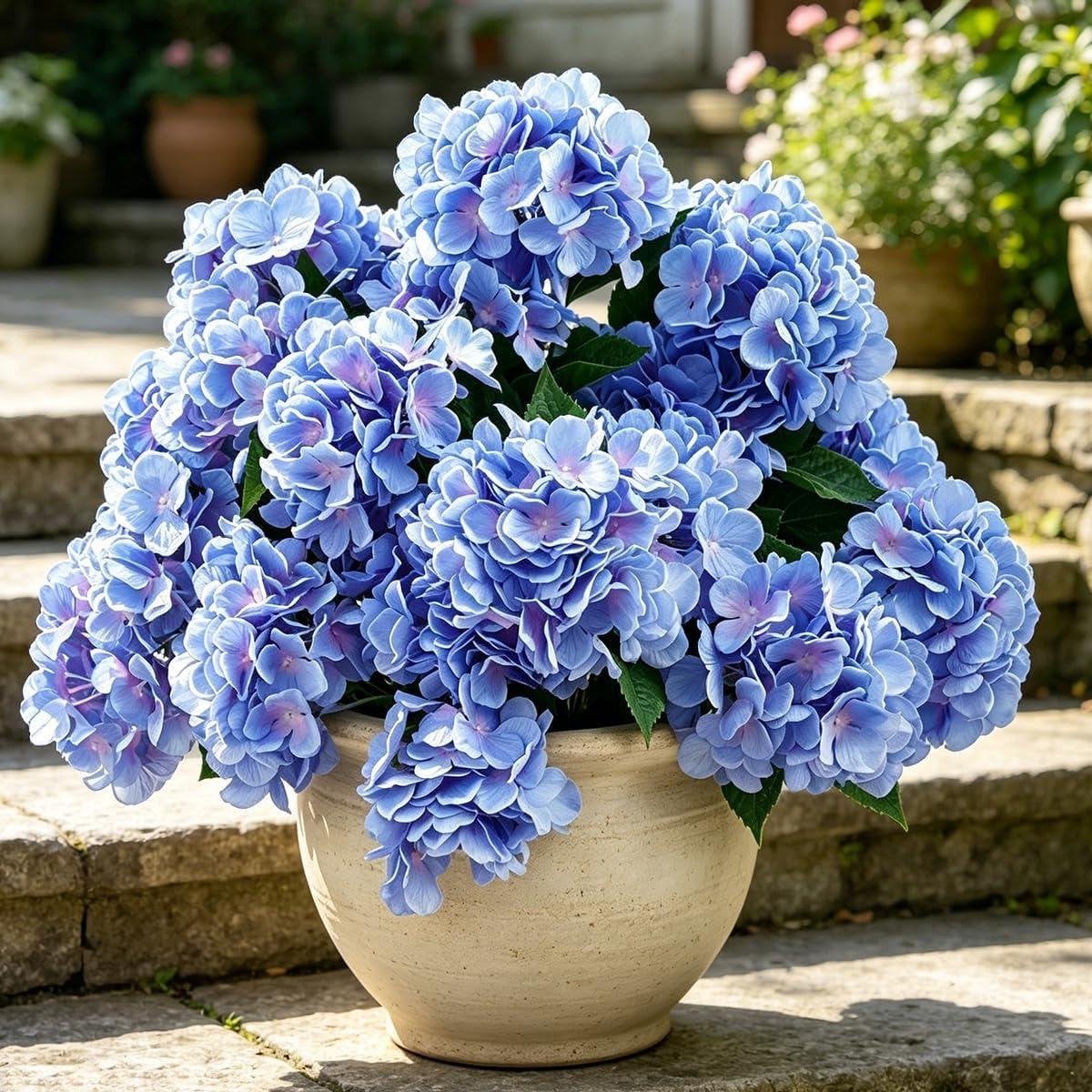 Set van 3 blauwe kunsthydrangea boeketten voor buiten decoratie, UV-bestendig