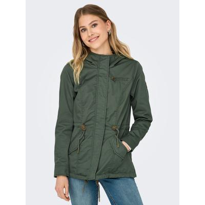 Parka ONLY "ONLLORCA CANVAS PARKA CC OTW", Damen, Gr. XS (34), grün (kambaba), Web, Obermaterial: 80% Polyester, 20% Baumwolle, unifarben, ca. Mitte Oberschenkel, Jacken Parka, mit Kapuze