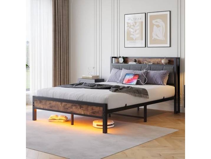 Ball & Cast Metallbett (140x200 cm) mit Beleuchtung und USB, Braun Bettgestell mit Kopfteil, ohne Matratze. Stabiles, geräuscharmes Gestell. Einfache Montage. Für Schlafzimmer & Jugendzimmer.