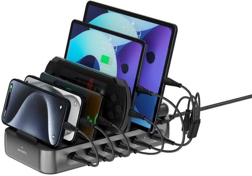 4smarts Ladestation m. 5x USB-C Kabel & 1x 4-i-1 Multikabel - 100W - Sort