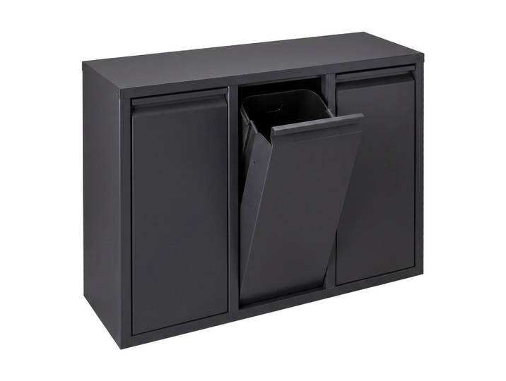 Relaxdays Mülleimer Schwarz 3-Fach kippbar, Metall, Kunststoff, 65x49x25 cm, Badaccessoires, Abfalleimer
