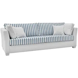 SOFA 3-Sitzer creme blau gestreift, Landhaus 240 cm, Couch inklusive Kissen