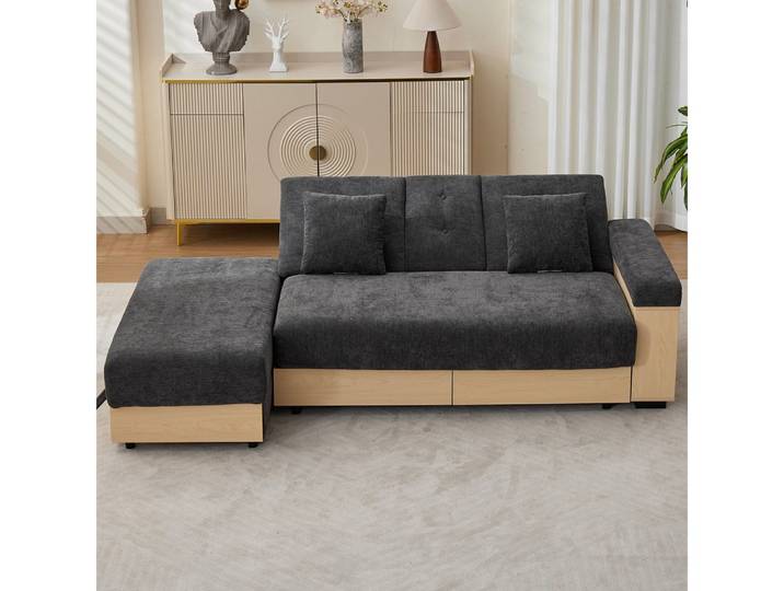 BBWL Sofa 217cm mit verstellbarer Rückenlehne, Hocker, Getränkehalter, Wohnlandschaft Sofa mit Stauraum Chenille Stoff, Schlafsofa