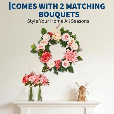 Garvee Artificial Floral Spring Peony and Dahlia Wreath ,Door Wreath with Real Rattan Base, for Front Door Home Decor