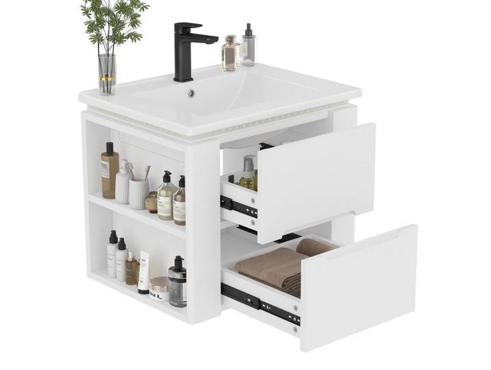 Okmyhome Waschtischkombi 60/46/48,5 cm Weiß aus Keramik und MDF mit LED-Radarsensor-Beleuchtung, Rechteckig, 61x48.5x46 cm, Badezimmer, Waschbecken & Armaturen, Waschtische