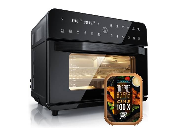 Arendo Minibackofen Airfryer 25L Edelstahl Multifunktionsofen, XXL Heißluftfritteuse 1800W, mini Backofen mit Backpapier, Backblech, Dörrblech, Rost, Frittierkorb