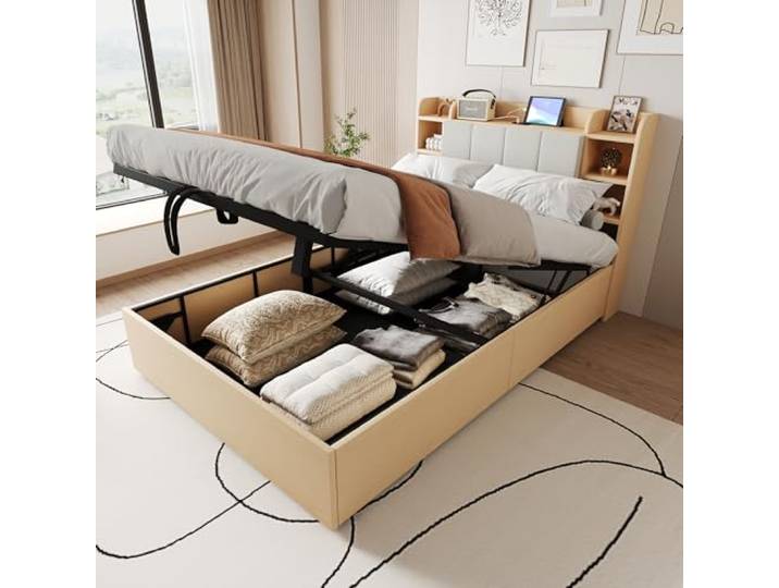 Ball & Cast Stauraumbett (140x200cm) mit Hydraulisch Stauraum, Doppelbett mit USB- und Tape-C-Steckdose, Einfach & Zeitsparend Montierbar, Holzfarbe