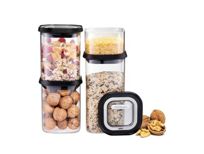 GEFU Vorratsdosen-Set PANTRY - 4x Vorratsglas aus Glas mit Deckel Luftdichte Borosilikatglas-Behälter zum Stapeln, inklusive 12 Etiketten, ideal für Müsli, Mehl und Nudeln, spülmaschinenfest