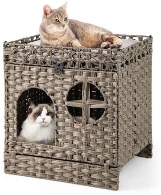 Costway Foldable 2-tier Rattan Cat Litter Box Enclosure with Litter Mat-Grey