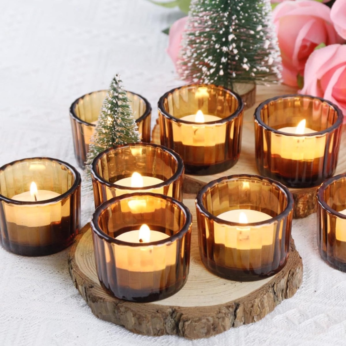 Set van 12 Amberkleurige Waxinelichthouders van Glas in Vintage Stijl