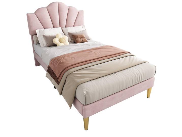 Flieks Polsterbett 90x200 Samt Muschelform Goldene Beine Rosa, Pink, Holz, 90x200 cm, Schlafzimmer, Betten, Polsterbetten