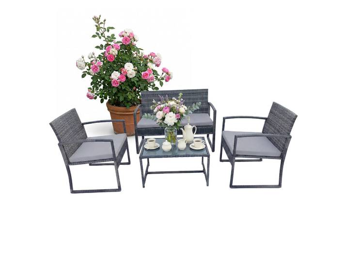 Relaxdays Gartenmöbelset Grau 4-tlg.-Set Polyrattan mit Glastisch, Kunststoff, Metall, Glas, Gartenmöbel, Gartengarnituren, Gartenmöbel-Set