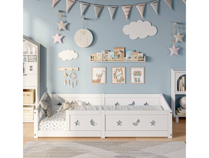 Lit pour enfants Rosahqnda 90/120/140 x 200 cm avec protection contre les chutes, sommier à lattes, lit au sol Montessori pour garçons et filles, en pin