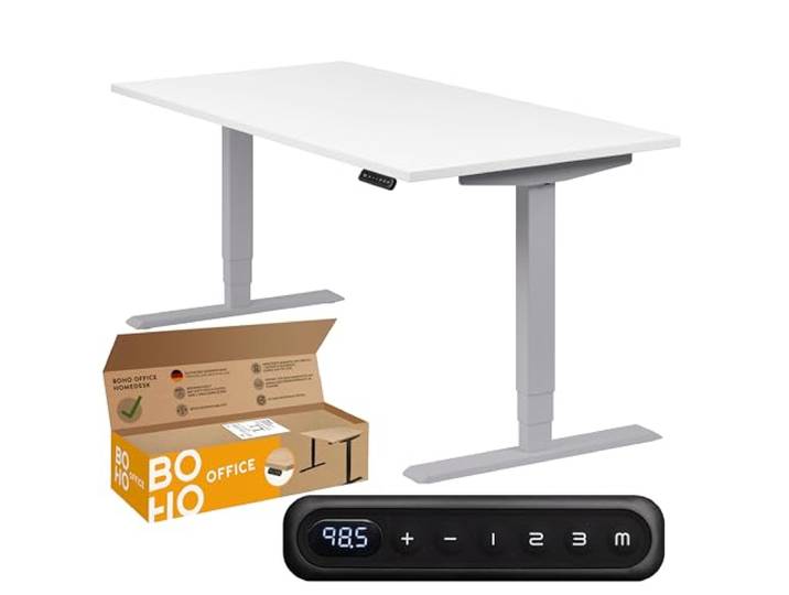 boho office® Homedesk Schreibitsch elektisch höhenverstellbar Homedesk - Tischgestell Silber, Tischplatte 120x80 Weiß - 2 Motoren, Memoryfunktion, Kollisionsschutz, Kindersicherung