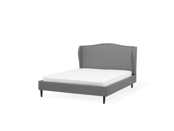 Lit BELIANI en tissu gris 140x200 cm - COLMAR - Sommier à lattes - Tête de lit capitonnée