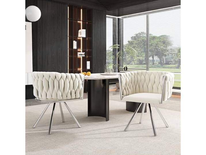 Merax Drehstuhl 2er Set, Moderne Armlehnstuhl aus Samt, Esszimmerstuhl Drehbar mit Metallbeinen, für Esszimmer, Wohnzimmer, Schlafzimmer, Beige und Silber
