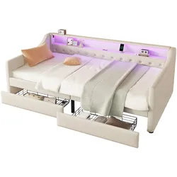 STILVORA Schlafsofa Tagesbett 90x200 cm mit Lattenrost, LED-Umgebungslicht, USB-Anschluss, Stauraum, Leinen MDF, modern komfortabel Beige