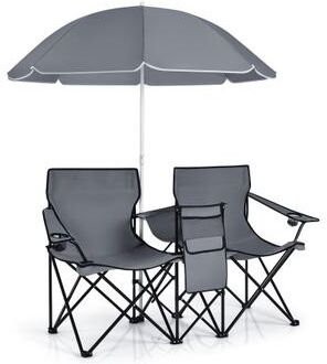 Costway Portable Folding Picnic Double Chair With Umbrella-Gray