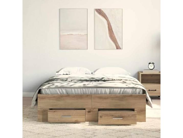 KTHLBRH Bettgestell Eiche Handwerk 120 x 200 cm Technisches Holz, feste Latten, 2 Schubladen, Kapazität 220 kg, rustikaler Stil