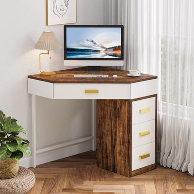 1Easylife 90-Degree Writing Corner Desk, Triangle Computer Desk with 3 Drawers
