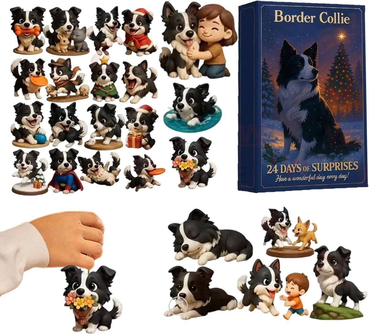 Kerst Advent Kalender met Honden Beeldjes voor Volwassenen - 24 Dagen Verrassingen - 26 x 18 cm - Bruin Zwart Wit