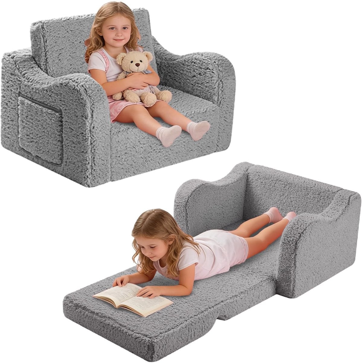 Merkloos 2-in-1 Kinder Sofa - Vouwbaar met verwijderbare hoes - Grijs