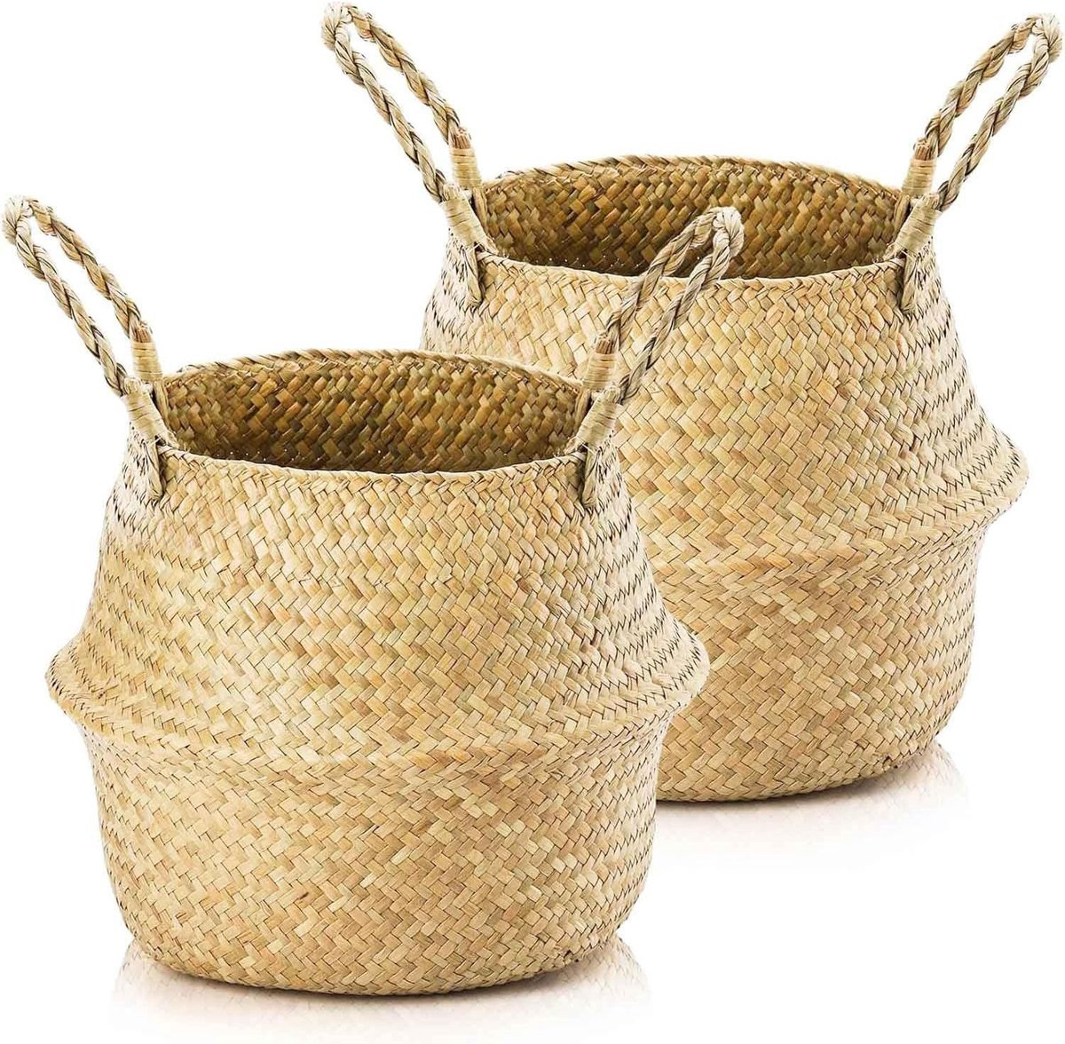 Natuurlijke zeegras mand met handvatten voor planten of wassen