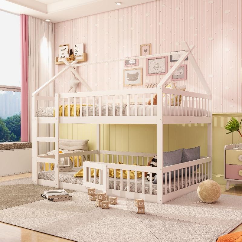 Kinder-Etagenbett 140x200cm aus Holz in Weiß mit integrierter Treppe, hoher Absturzsicherung und offenem unteren Bereich für Kinderzimmer