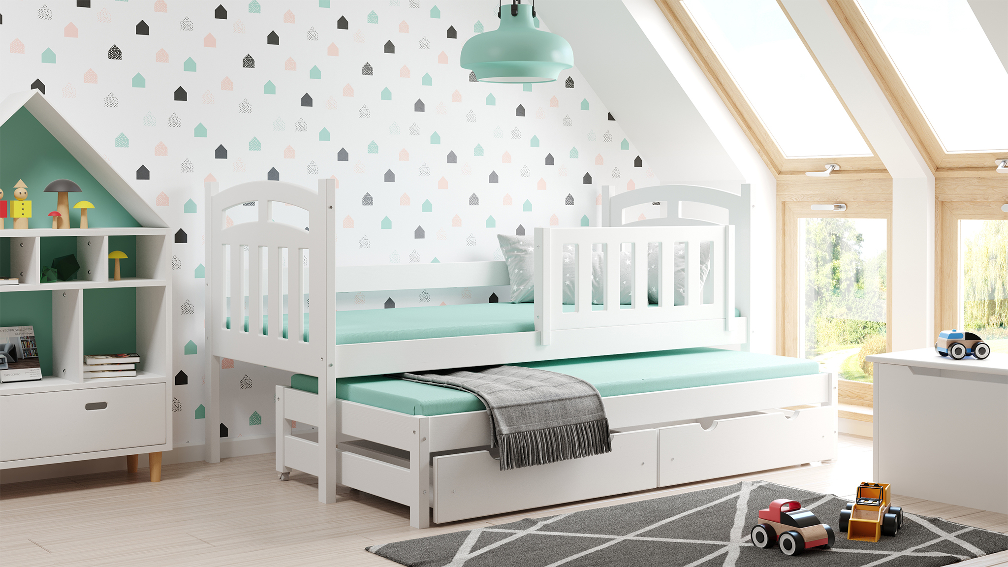 Meble Wróbel, Holz-Kinderbett Zuzia Duo, Stabiles Ausziehbares bett, 80 x 160 / 80 x 150 cm, Weiß
