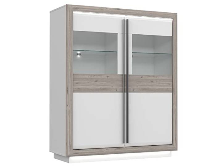 Newroom Vitrine Weiß Hochglanz Eiche Glasvitrine mit LED Wohnzimmer