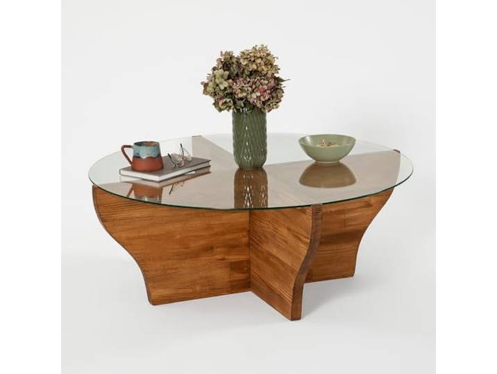 Hanah Home Moderner Couchtisch, Kastanienbraun, 92 x 36 x 92 cm Tischplatte aus 100% Sicherheitsglas & Gestell aus 100% Kiefernholz Stilvolles und langlebiges Design