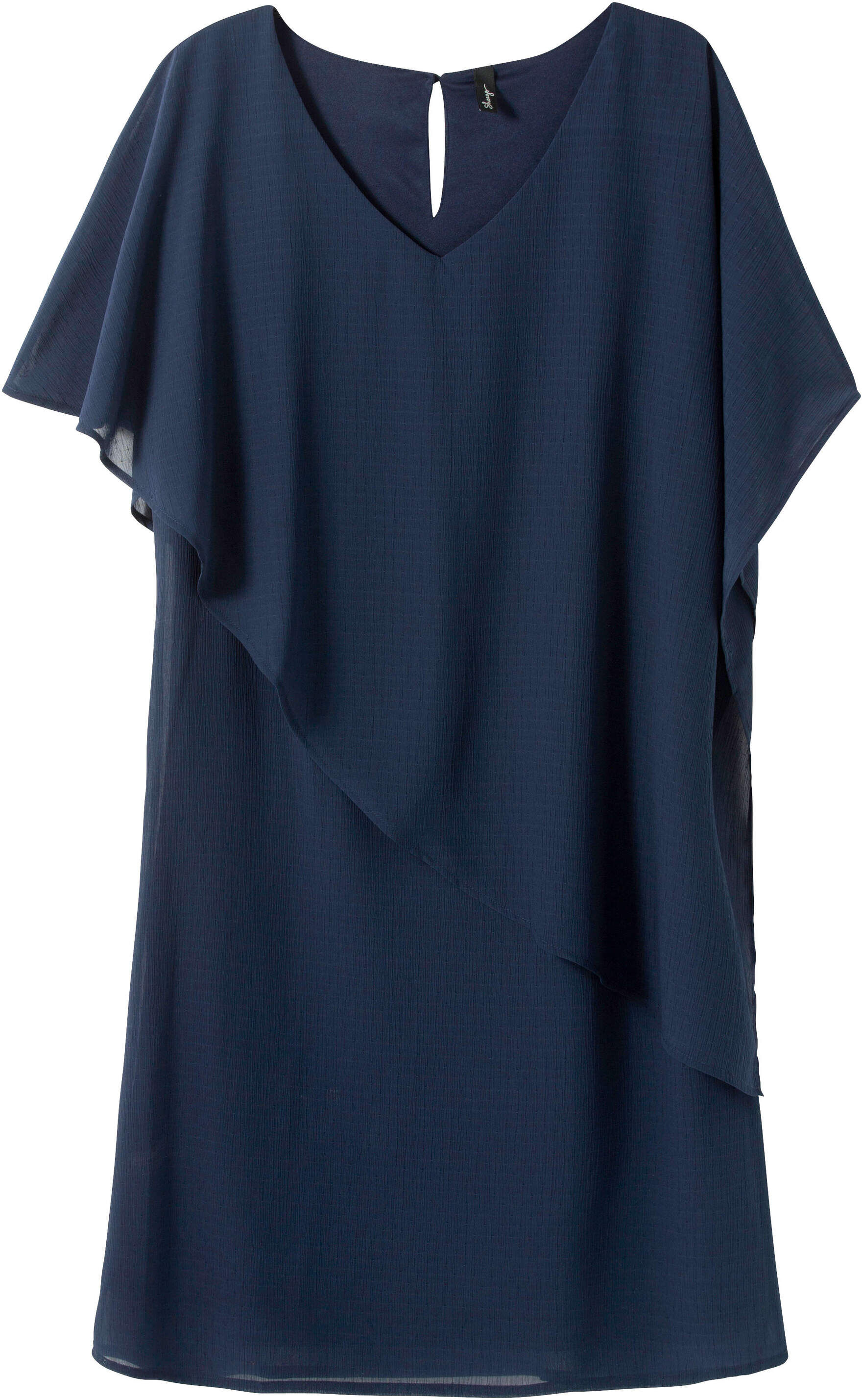 Cocktailkleid SHEEGO "Cocktailkleid Cocktailkleid aus Chiffon", Damen, Gr. 50, marine, Elegant, V-Ausschnitt, Kleider Cocktailkleid, mit asymetrischem Cape