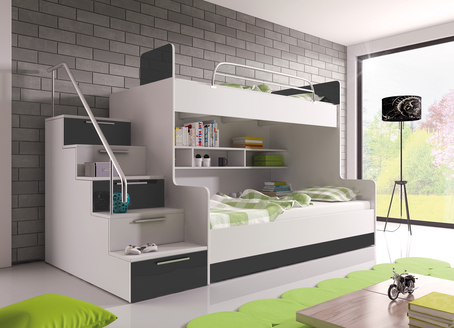 Etagenbett TOMI 2 , Doppelstockbett Hochglanz Kinderbett Hochbett , OHNE Matraze und Lattenrost (Weiss / Grau, Treppenseite: LINKS )