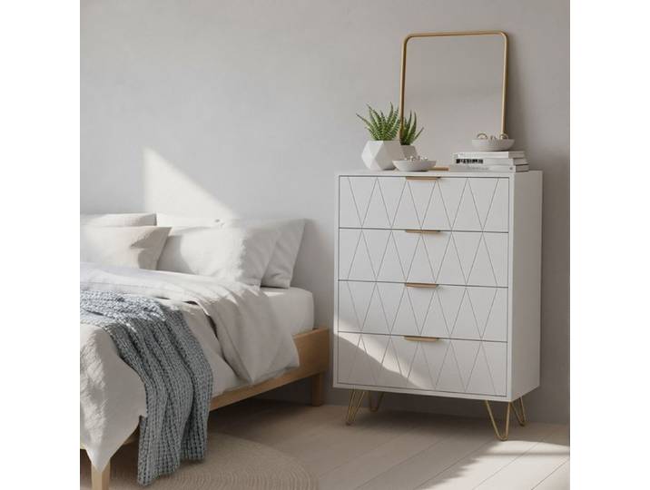 Commode - Novélys - 60cm - 4 Tiroirs avec Façades 3D Diamant & Pieds Dorés - Style Art Déco - Blanc & Or