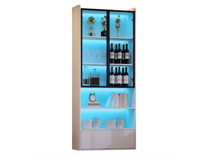 Vitrine haute blanche 80 x 34 x 180 cm avec 1 tiroir portes en verre et LED