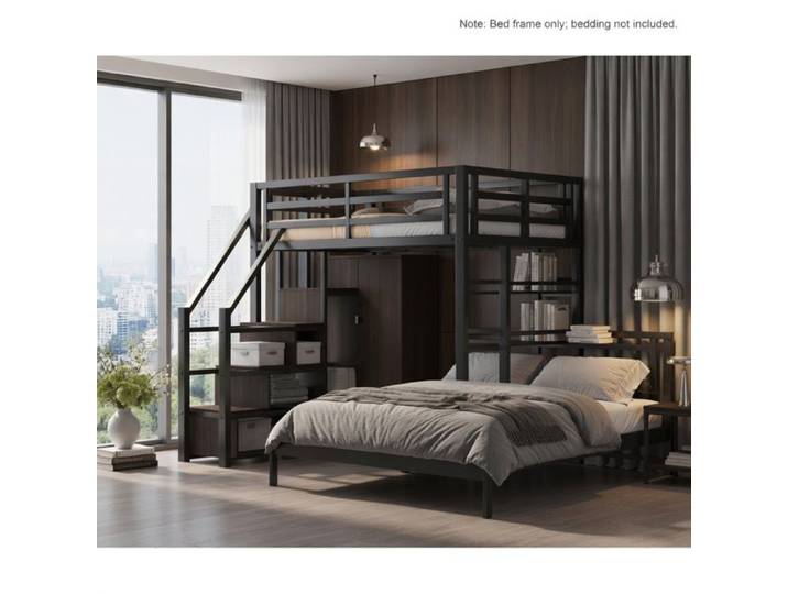 CollaHausse Lit Mezzanine 140x200 cm Noir en Métal avec Étagères Penderie et LED