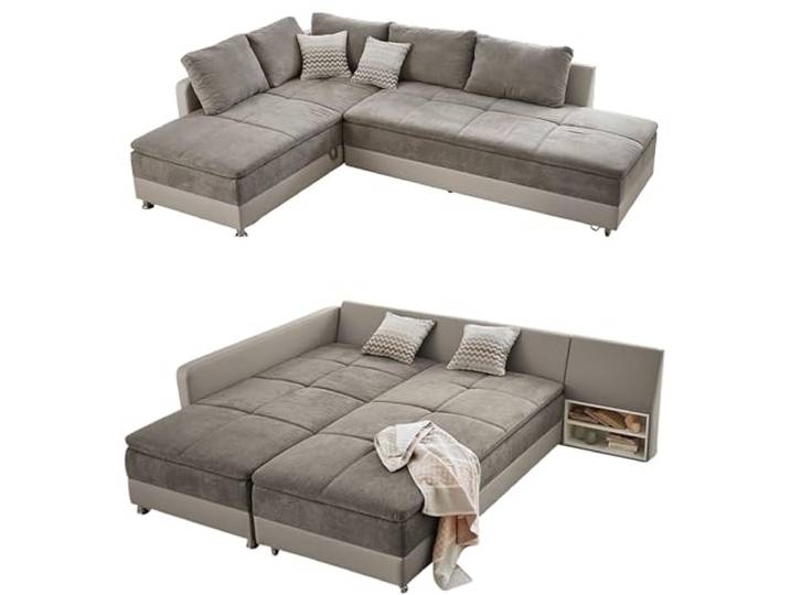 luma-Home 15102/ Ecksofa-Dauerschläfer, Graubraun/Beige, Schwenkteil rechts