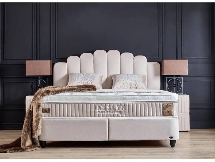 abc bedding Boxspringbett JAZZLYN Beige Samt Voll-orthopädisch mit Bettkasten & Stauraum