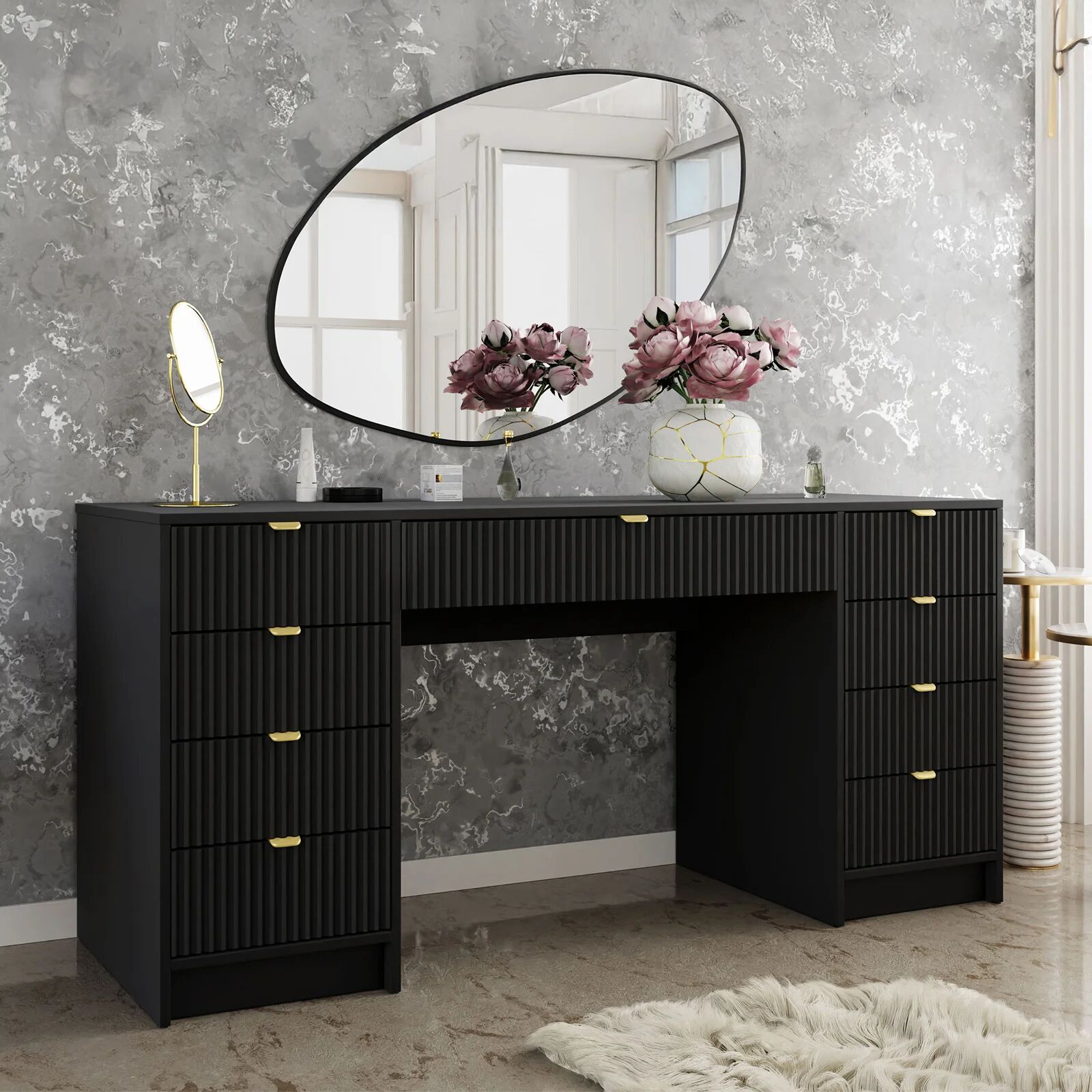 garneroarredamenti Scrivania 154x55cm con 9 cassetti cannettata nero Athena