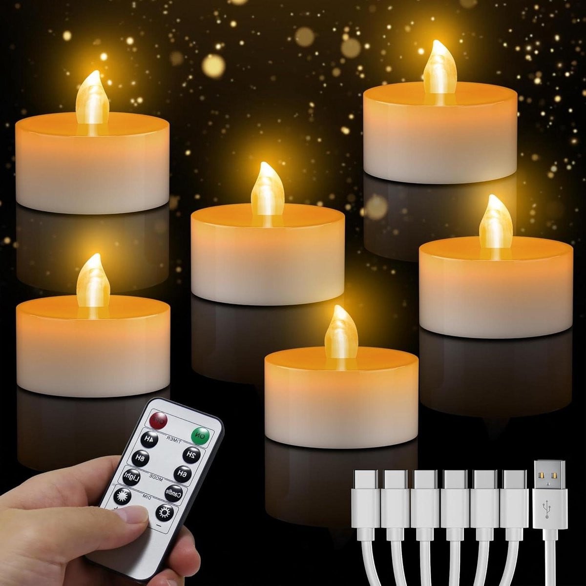 Set van 6 oplaadbare led theelichtjes met afstandsbediening - Warm geel