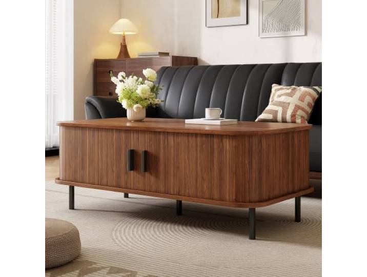 BXEYXE Couchtisch mit Schiebetüren, rechteckiger Wohnzimmertisch mit Stauraum, modernes Design mit vertikaler Lamellenoptik, Beistelltisch, für Wohnzimmer