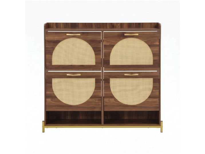ROVRYN Meuble à chaussures 4 abattants 2 niches ouvertes MDF aspect rotin noyer