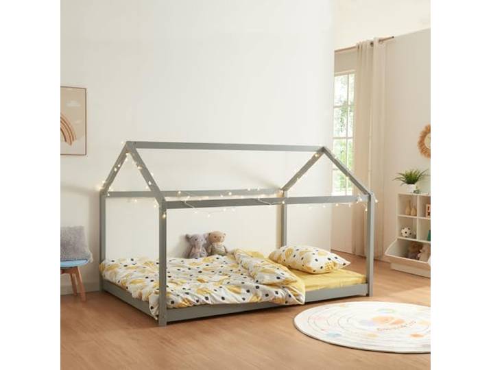 [en.casa] Kinderbett Cerro Hausbett Jugendbett Bett in Haus-Optik Montessori Bett aus massiver Kiefer Bettgestell mit Lattenrost Grau 140x200cm