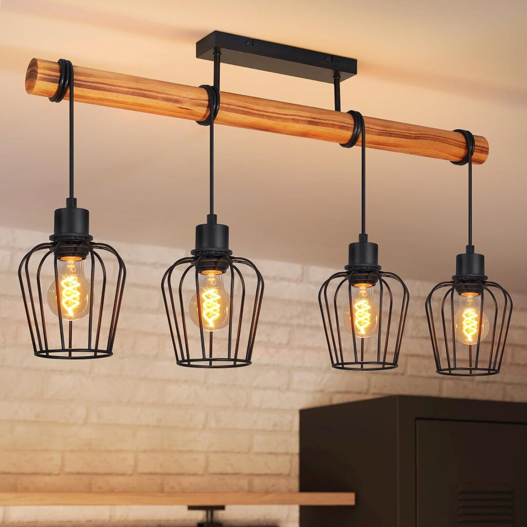 Metro 4-Light Burnt Wood Kitchen Island Pendant Matte Black 48cm H X 13cm W X 80cm D