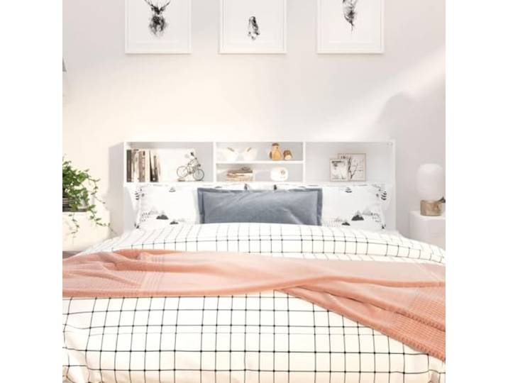 PUGYNBK Bett-Kopfteil mit Ablagen Weiß 180x19x103,5 cm Regal mit Vier Fächern für Bücher und Dekorationen Dieses Moderne Kopfteil-Regal aus Holzwerkstoff bietet zusätzlichen Stauraum