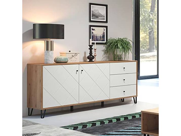 Lomadox Sideboard modern Wohnzimmer in Artisan Eiche Nb. mit weiß matt und Metallfüßen, B/H/T: ca. 183/76/40 cm