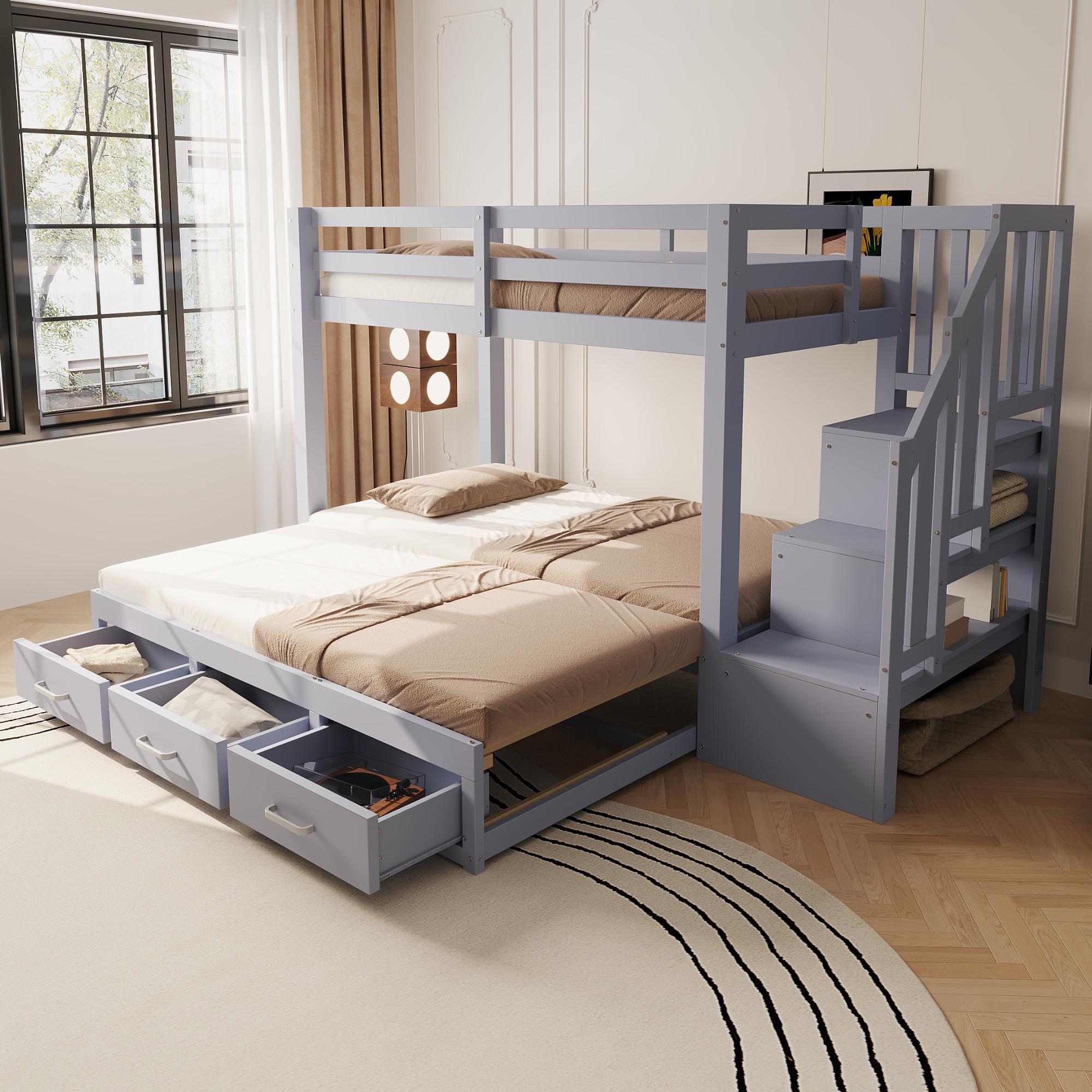 Zerbaco Etagenbett 90x200 cm, Doppelbett mit Ausziehbett (90/180x190 cm), Stauraumleiter mit Schubladen, Ausziehbettfunktion, Jugendbett, Lattenrost, Holzbett, Grau