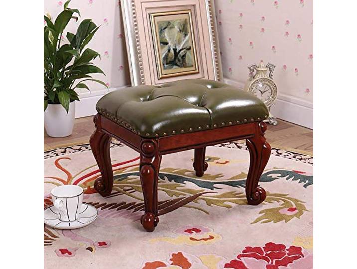 PLKASHUC Vintage-Fußhocker aus PU-Leder mit Knöpfen und 4 geschnitzten Holzbeinen(Green)