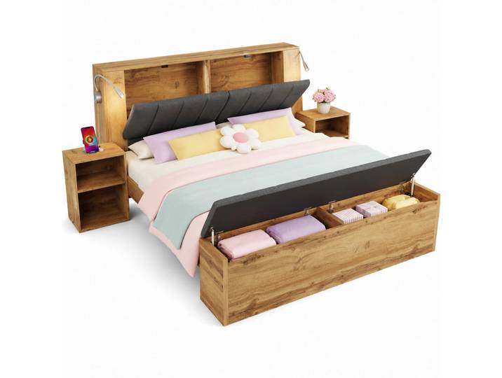 Evryae Bett 180/200 mit Bettbank, USB und Leselampen in Eiche, Eichefarben, 180x200 cm, Schlafzimmer, Betten